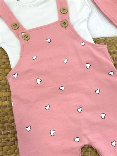 Kalp Baskılı Şort Salopet Şapka Badi Kız Bebek 3lü Takım (6-9/9-12/12-18 Ay)