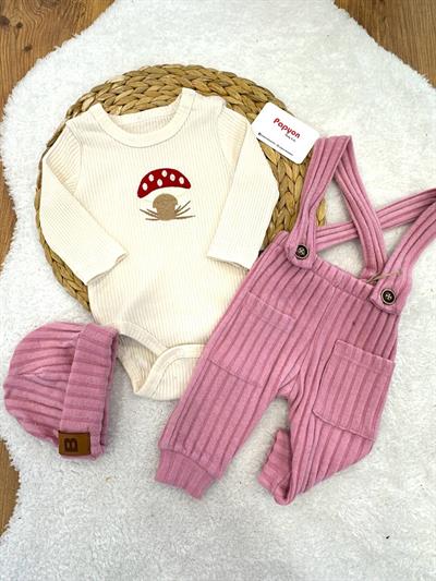 Mantar Nakışlı Badili Bereli Kız Bebek Örme Kaşkorse Salopet Takım (3-6/6-9/9-12/12-18 Ay)