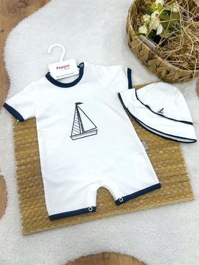 Yelkenli Nakışlı Şapkalı Erkek Bebek Şort Tulum (3-6/6-9/9-12/12-18 Ay)