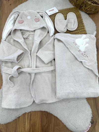 Tavşan Nakışlı Kapşonlu Bebek Bornoz Havlu Terlik 3lü Set