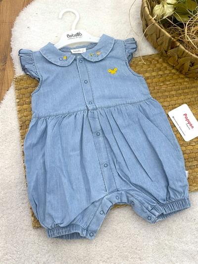 Çiçek Kelebek Nakışlı Önden Çıtçıtlı Kız Bebek Yazlık Kot Tulum (6-9/9-12/12-18/18-24 Ay)