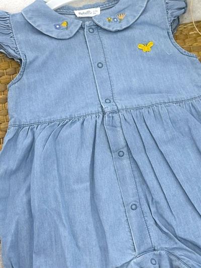 Çiçek Kelebek Nakışlı Önden Çıtçıtlı Kız Bebek Yazlık Kot Tulum (6-9/9-12/12-18/18-24 Ay)