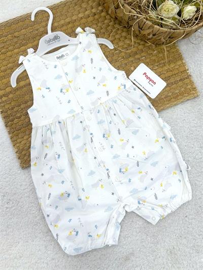 Desenli Geniş Askılı Önden Düğmeli Kız Bebek Dokuma Yazlık Tulum (6-9/9-12/12-18/18-24 Ay)