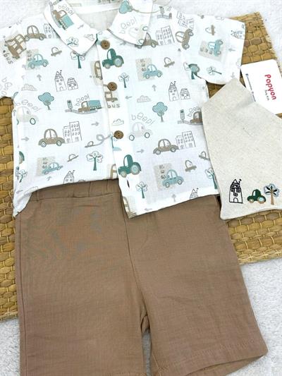 City Baskılı Keten Önlüklü Erkek Bebek 3lü Müslin Takım (6-9/9-12/12-18/18-24 Ay)