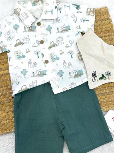 City Baskılı Keten Önlüklü Erkek Bebek 3lü Müslin Takım (6-9/9-12/12-18/18-24 Ay)