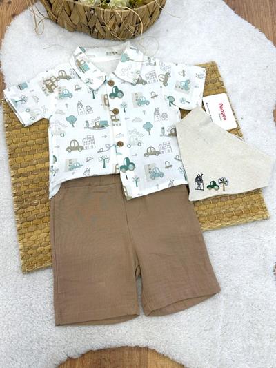 City Baskılı Keten Önlüklü Erkek Bebek 3lü Müslin Takım (6-9/9-12/12-18/18-24 Ay)