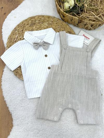 Çizgili Papyonlu Gömlek Keten Salopet Erkek Bebek Takım (6-9/9-12/12-18/18-24 Ay)