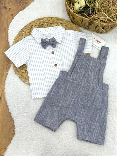Çizgili Papyonlu Gömlek Keten Salopet Erkek Bebek Takım (6-9/9-12/12-18/18-24 Ay)