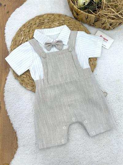 Çizgili Papyonlu Gömlek Keten Salopet Erkek Bebek Takım (6-9/9-12/12-18/18-24 Ay)