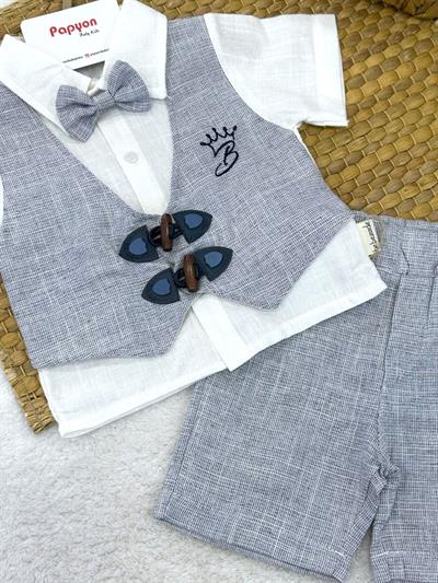 Çoban Düğmeli Sahte Yelekli Papyonlu Gömlekli Kaprili Erkek Bebek Takım (6-9/9-12/12-18/18-24 Ay)