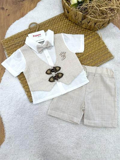 Çoban Düğmeli Sahte Yelekli Papyonlu Gömlekli Kaprili Erkek Bebek Takım (6-9/9-12/12-18/18-24 Ay)
