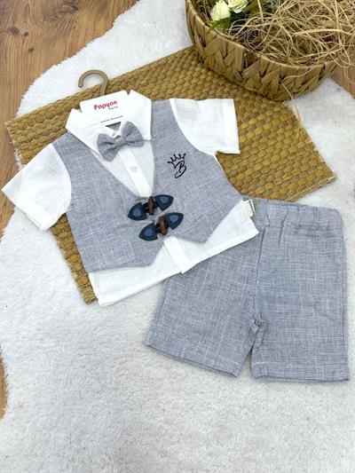 Çoban Düğmeli Sahte Yelekli Papyonlu Gömlekli Kaprili Erkek Bebek Takım (6-9/9-12/12-18/18-24 Ay)