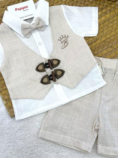 Çoban Düğmeli Sahte Yelekli Papyonlu Gömlekli Kaprili Erkek Bebek Takım (6-9/9-12/12-18/18-24 Ay)