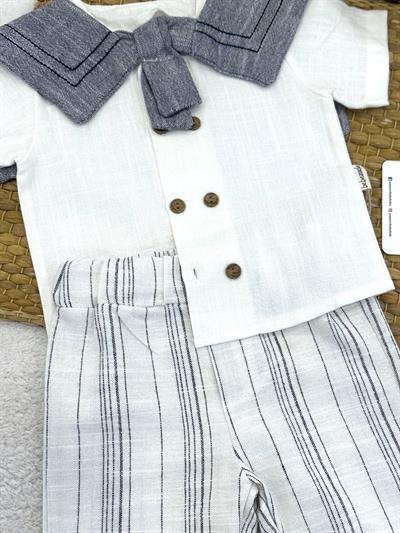 Denizci Yakalı Gömlek Keten Şort Erkek Bebek Takım (6-9/9-12/12-18/18-24 Ay)