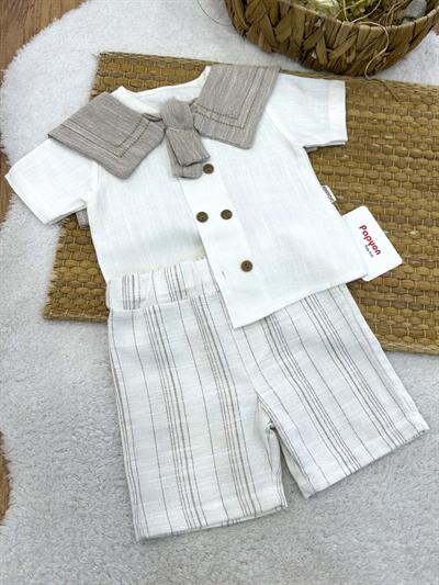 Denizci Yakalı Gömlek Keten Şort Erkek Bebek Takım (6-9/9-12/12-18/18-24 Ay)