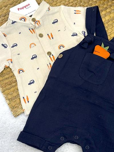 Havuç Oyuncaklı Müslin Gömlekli Salopetli Erkek Bebek Takım (0-3/3-6/6-9/9-12 Ay)