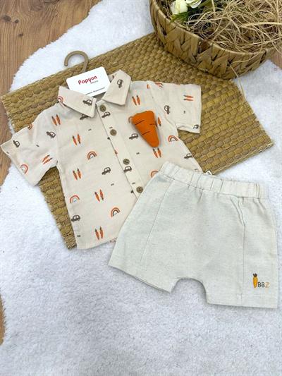 Havuç Oyuncaklı Müslin Gömlekli Keten Şortlu Erkek Bebek Takım (6-9/9-12/12-18/18-24 Ay)
