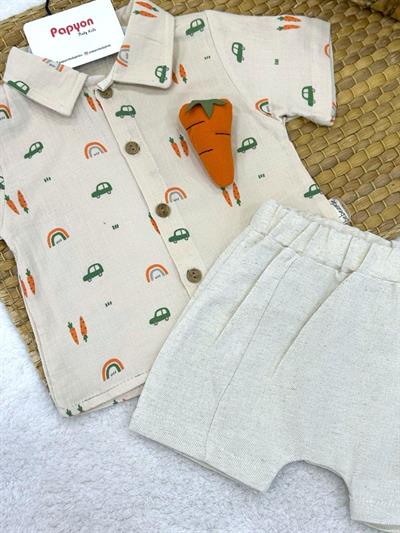 Havuç Oyuncaklı Müslin Gömlekli Keten Şortlu Erkek Bebek Takım (6-9/9-12/12-18/18-24 Ay)