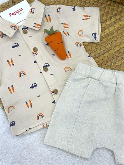 Havuç Oyuncaklı Müslin Gömlekli Keten Şortlu Erkek Bebek Takım (6-9/9-12/12-18/18-24 Ay)