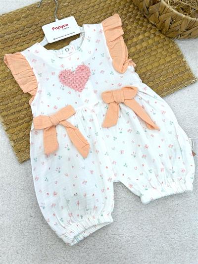 Kalp Nakışlı Kız Bebek Natural Müslin Yazlık Tulum (6-9/9-12/12-18/18-24 Ay)