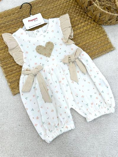 Kalp Nakışlı Kız Bebek Natural Müslin Yazlık Tulum (6-9/9-12/12-18/18-24 Ay)