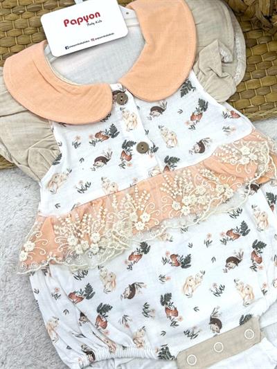 Tavşan Kirpi Dantelli Kız Bebek Müslin Romper Badi (6-9/9-12/12-18/18-24 Ay)