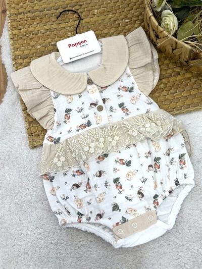 Tavşan Kirpi Dantelli Kız Bebek Müslin Romper Badi (6-9/9-12/12-18/18-24 Ay)
