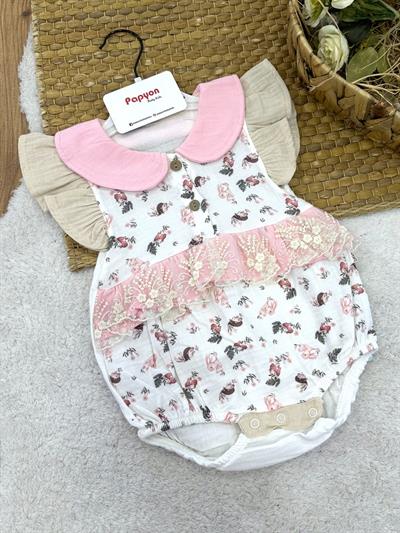 Tavşan Kirpi Dantelli Kız Bebek Müslin Romper Badi (6-9/9-12/12-18/18-24 Ay)