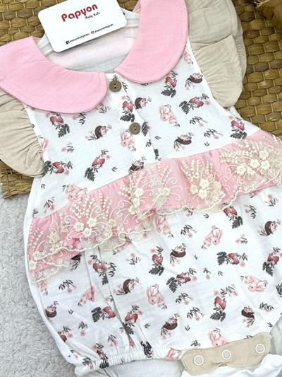 Tavşan Kirpi Dantelli Kız Bebek Müslin Romper Badi (6-9/9-12/12-18/18-24 Ay)