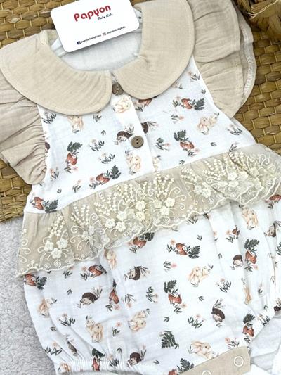 Tavşan Kirpi Dantelli Kız Bebek Müslin Romper Badi (6-9/9-12/12-18/18-24 Ay)
