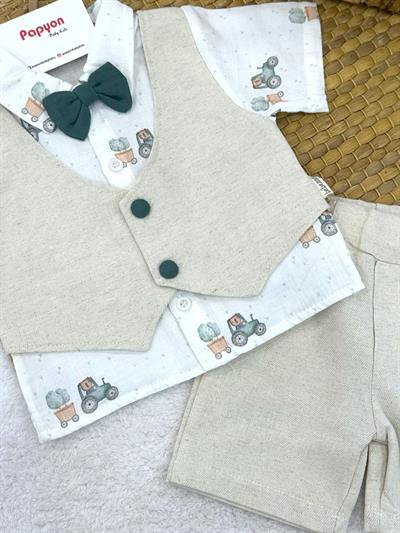 Traktör Baskılı Sahte Yelekli Müslin Gömlek Keten Şort Erkek Bebek Takım (6-9/9-12/12-18/18-24 Ay)