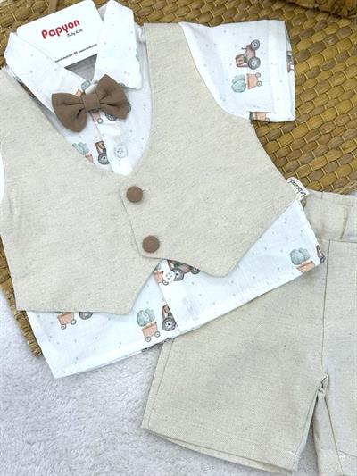 Traktör Baskılı Sahte Yelekli Müslin Gömlek Keten Şort Erkek Bebek Takım (6-9/9-12/12-18/18-24 Ay)
