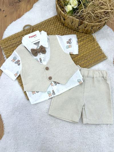 Traktör Baskılı Sahte Yelekli Müslin Gömlek Keten Şort Erkek Bebek Takım (6-9/9-12/12-18/18-24 Ay)