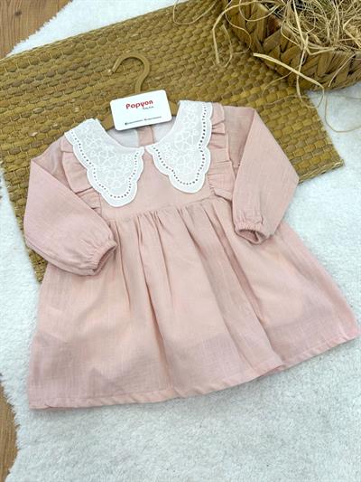 Güpürlü Yakalı Kız Bebek Keten Elbise (6-12/12-18/18-24 Ay)