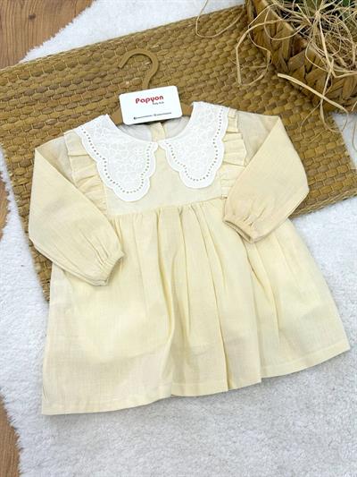 Güpürlü Yakalı Kız Bebek Keten Elbise (6-12/12-18/18-24 Ay)