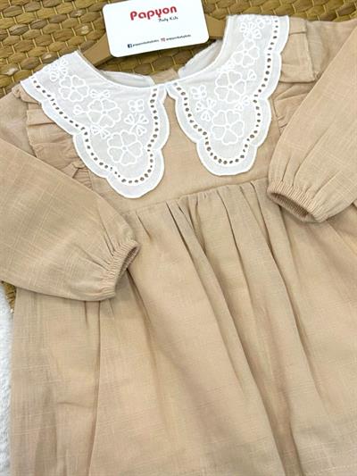 Güpürlü Yakalı Kız Bebek Keten Elbise (6-12/12-18/18-24 Ay)