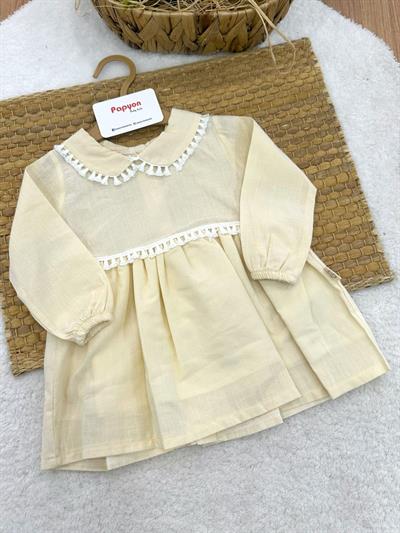 Yakalı Fistolu Kız Bebek Keten Elbise (6-12/12-18/18-24 Ay)