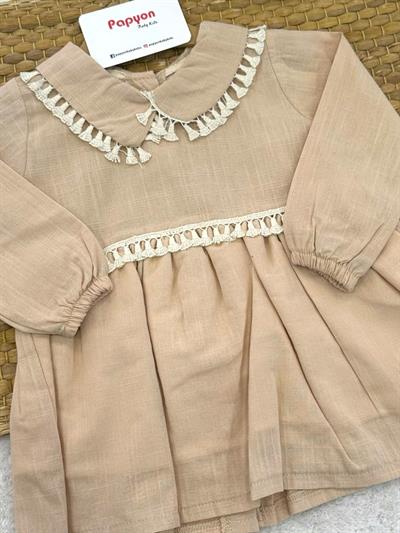 Yakalı Fistolu Kız Bebek Keten Elbise (6-12/12-18/18-24 Ay)