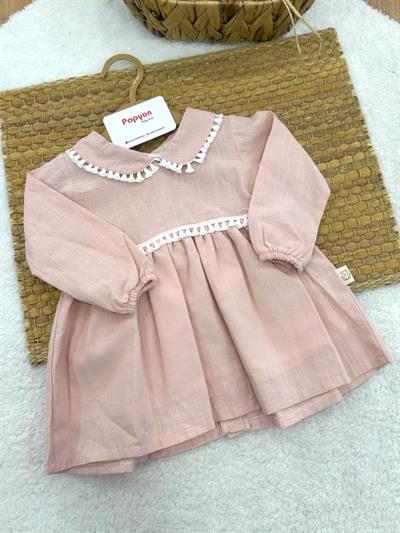 Yakalı Fistolu Kız Bebek Keten Elbise (6-12/12-18/18-24 Ay)