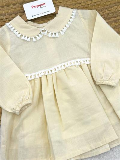 Yakalı Fistolu Kız Bebek Keten Elbise (6-12/12-18/18-24 Ay)