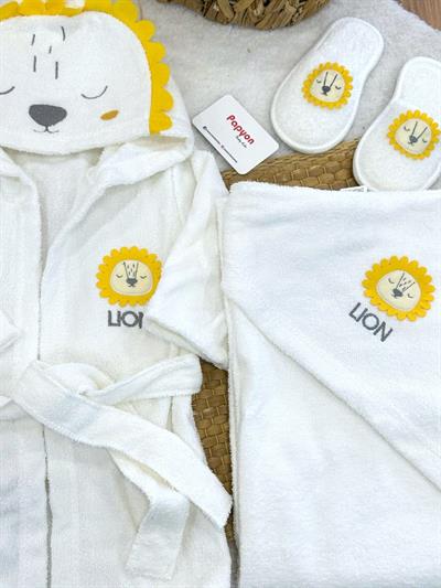 Aslan Lion Nakışlı Erkek Bebek 3lü Havlu Bornoz Set