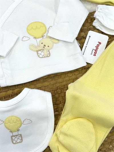 Balonlu Ayıcık Nakışlı Yenidoğan Uniseks Bebek 5li Zıbın Set