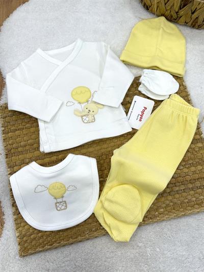 Balonlu Ayıcık Nakışlı Yenidoğan Uniseks Bebek 5li Zıbın Set