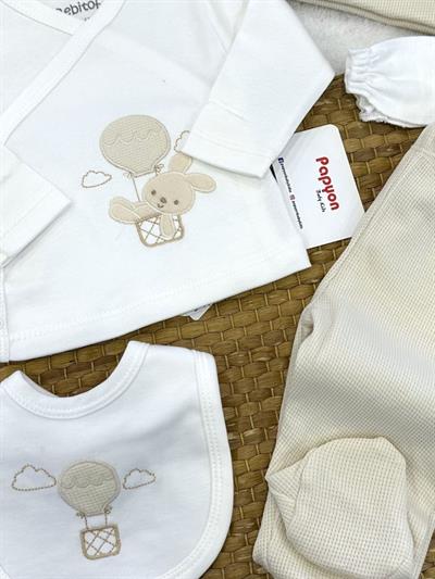 Balonlu Ayıcık Nakışlı Yenidoğan Uniseks Bebek 5li Zıbın Set