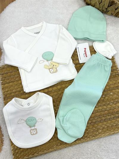 Balonlu Ayıcık Nakışlı Yenidoğan Uniseks Bebek 5li Zıbın Set