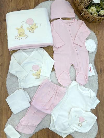 Balonlu Tavşan Aplikeli Nakışlı Tulumlu Yenidoğan Kız Bebek 10lu Zıbın Set Hastane Çıkışı