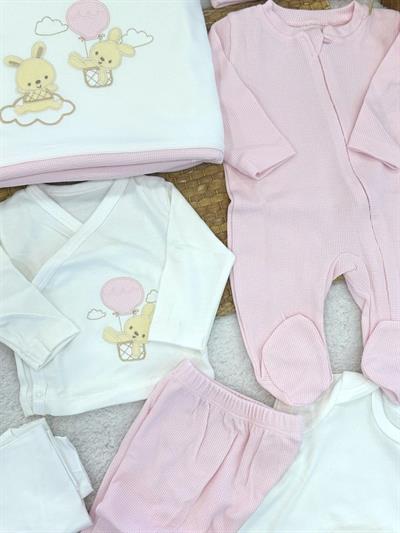 Balonlu Tavşan Aplikeli Nakışlı Tulumlu Yenidoğan Kız Bebek 10lu Zıbın Set Hastane Çıkışı