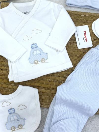 Bavullu Araba Nakışlı Yenidoğan Erkek Bebek 5li Zıbın Set