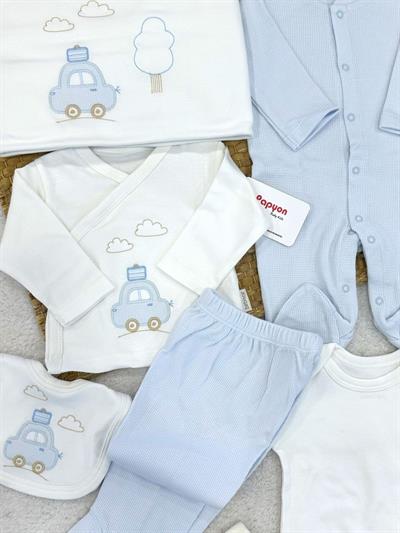 Bavullu Araba Nakışlı Yenidoğan Erkek Bebek 10lu Zıbın Set Hastane Çıkışı