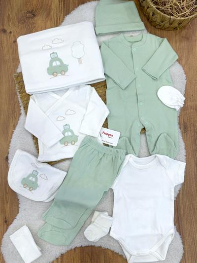 Bavullu Araba Nakışlı Yenidoğan Erkek Bebek 10lu Zıbın Set Hastane Çıkışı